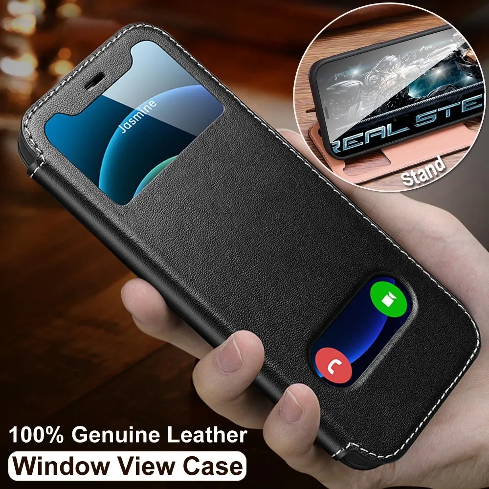 Luxury Genuine Leather Flip Cover with Window - Premium Book-Style Case