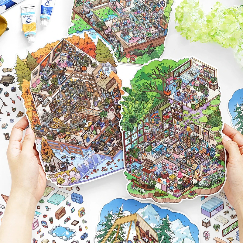 4장의 귀여운 미니어처 도시 풍경 스티커 3D DIY 디오라마 (정크 저널, 스크랩북킹 및 문구 용품용)