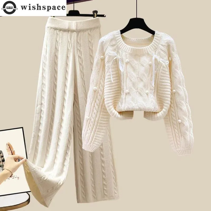 2023 Winter New Ribbon Knitting Knitting Trade Pullover Fried Dough Twists Wide Leg Pants Two-piece Elegant Women's Pants Set foreign trade children s hat solid color hole tire hat baby donut indian hat breathable lace baby hat