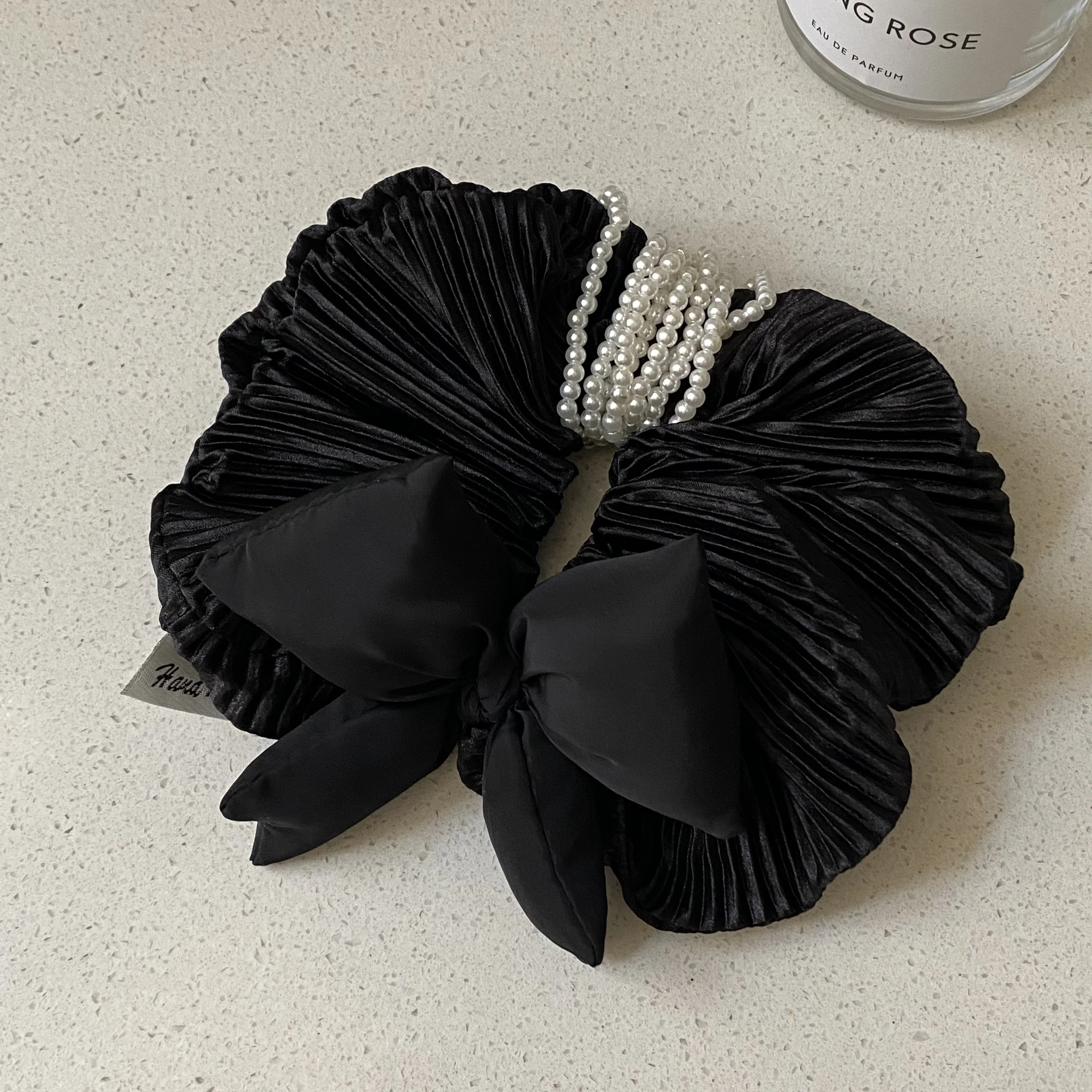 1PC  Pleated Bow Hair Scrunchies With Pearls, Beige And Black, Elegant Hair Accessories For Women