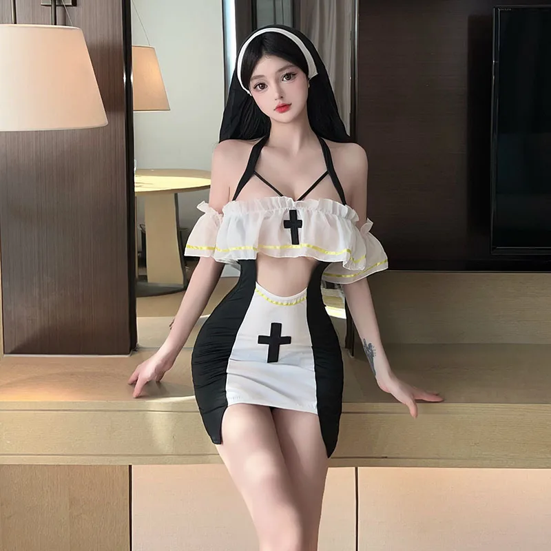 Sexy Lingerie Nun Cosplay Costumes Sister Black White Hollow Out Dress Suit Set Pajamas Underwear Night Club Wear Women Girls