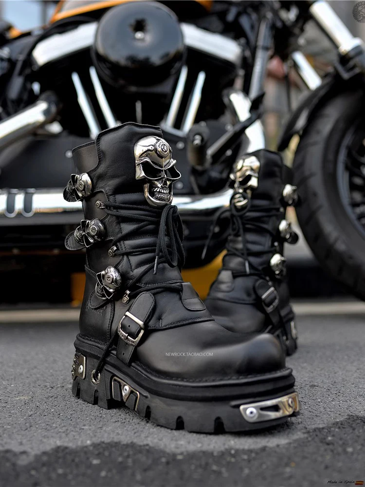 Men's Genuine Leather Motorcycle Boots Punk Unisex Goth Skull Punk