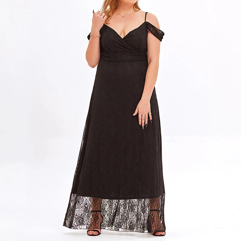 Temperament Elegant Plus Size Clothes Sexy Deep V-neck Patchwork Lace Sleeveless Loose Pleated Backless Slip Black Maxi Dress
