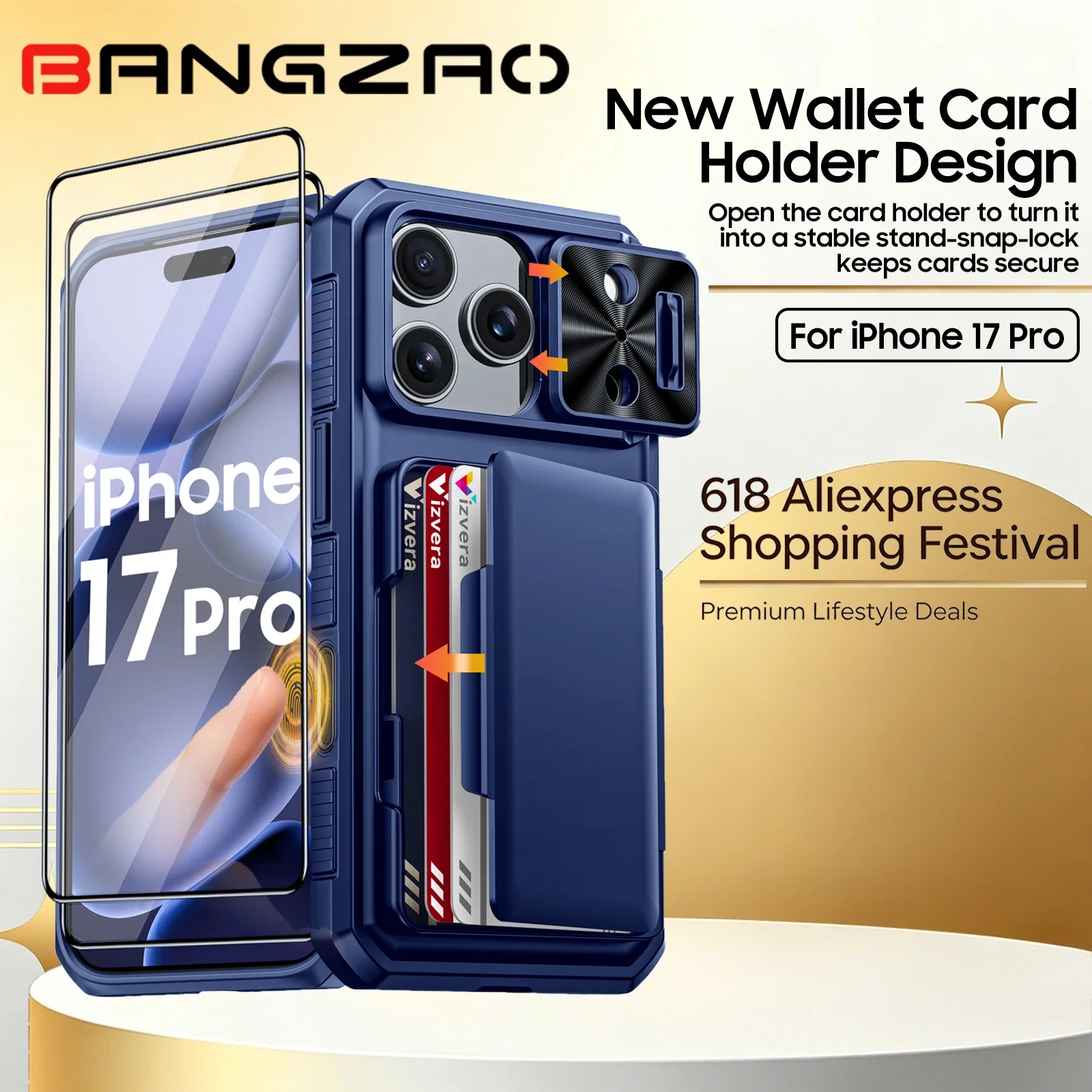 Premium Wallet Case with Card Slot & Slide Camera Protection - Anti-Fingerprint Rugged Phone Cover in Blue
