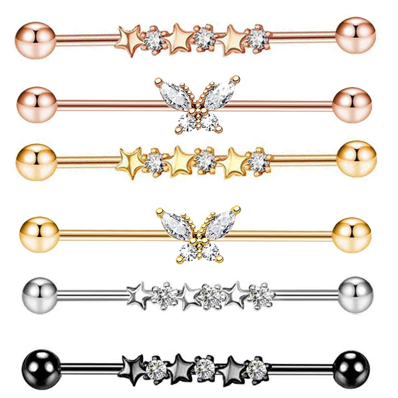 1PCS Stainless Steel Butterfly Industrial Piercing Barbell 14G Star Industrial Earring Tragus Cartilage Jewelry Rings