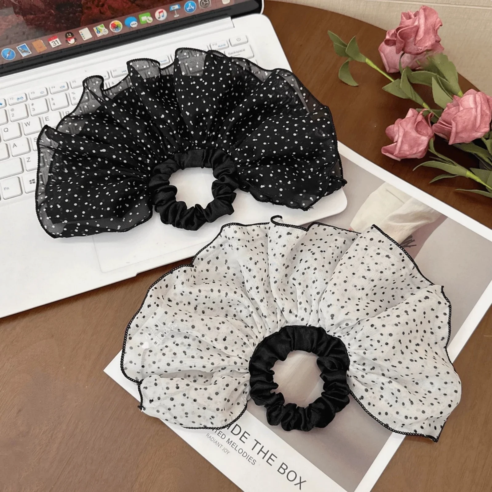 1PC Chiffon Polka Dot Hair Scrunchies, Fluffy Ruffle Hair Ties for Women, Cute Elastic Hair Bands, Fashion Hair Accessories