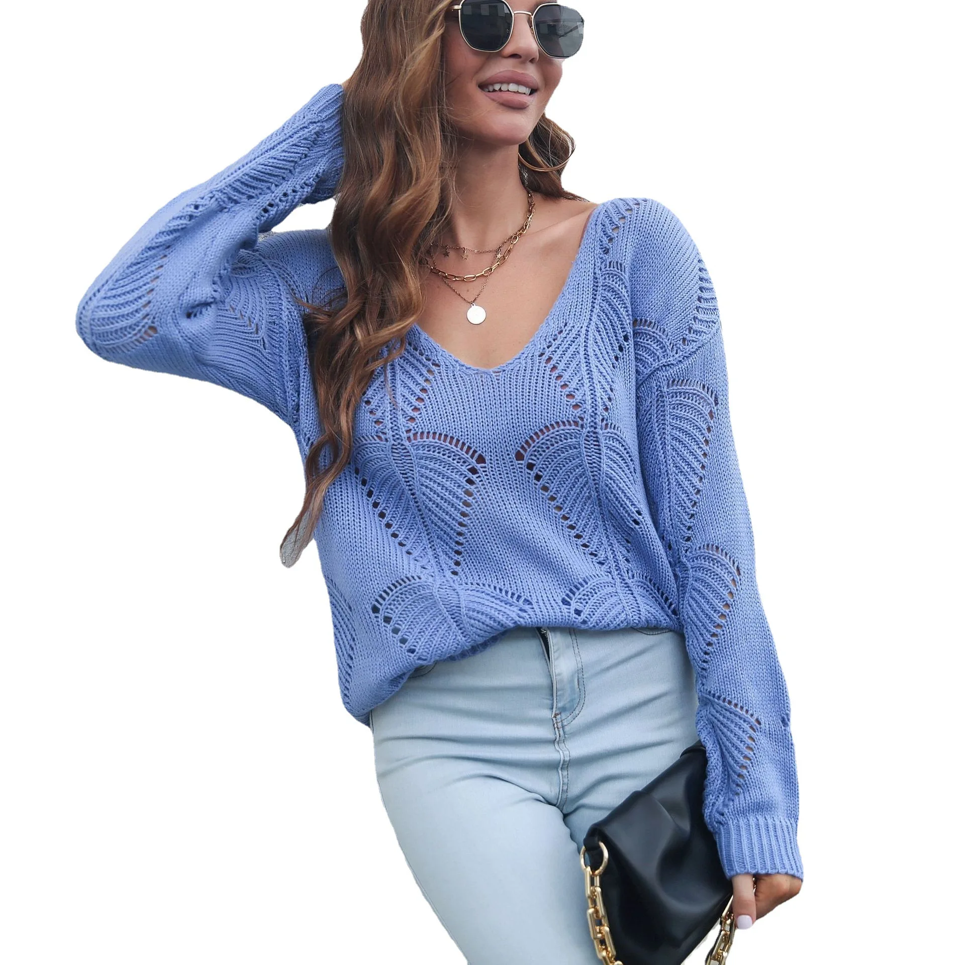 

Hollow Loose Autumn and Winter V-neck Long-sleeved Knitted Sweater Women