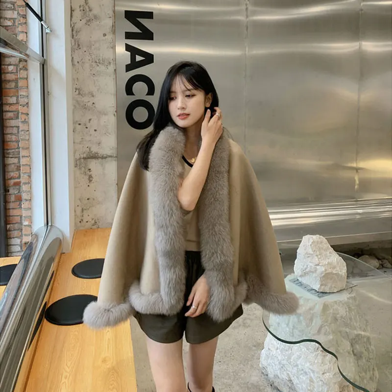 ML85004 2022 Women 100% Cashmere Poncho With Real Fox Fur Trimming