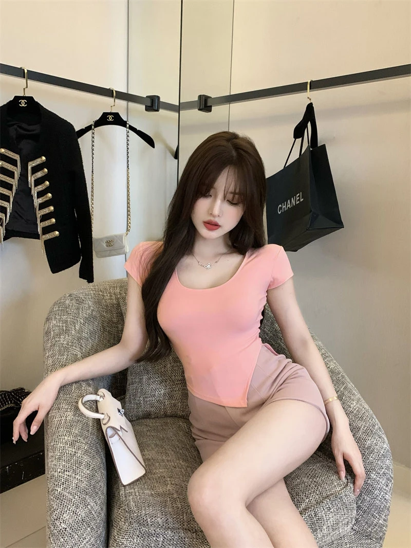 Summer Korean Fashion Y2K T-shirt Woman Japane Crop Top U-neck Split Sexy Red Pink White Tee Shirt Women Vintage767_voghion.com