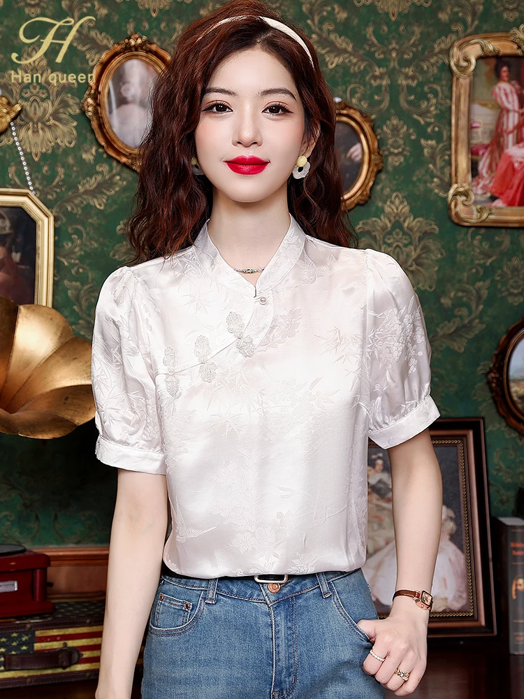 

H Han Queen New 2024 Summer Women's Blouses Vintage Jacquard Casual Tops Chiffon Elegant Blouse Loose Short Sleeve Loose Shirts