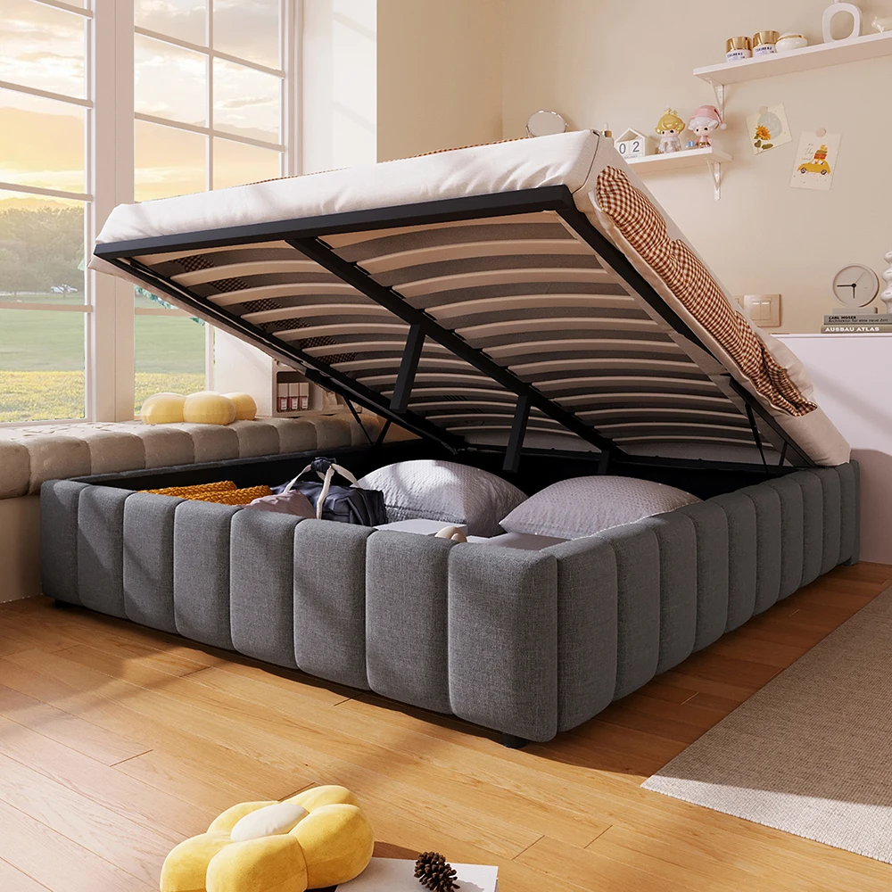 KOMHTOM Upholstered Bed Frame 140×200 cm, with Hydraulic Storage Space and Slatted Base, without headboard and mattress, Linen