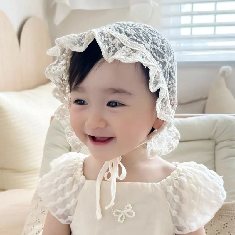 Baby Girl Toddlers Breathable Lacy Bonnet Eyelet Cotton Adjustable Sun Protection Hat Cute Casual Headband Hair Accessories