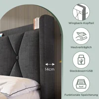 Мягкая кровать с функцией USB-зарядки, изголовьем и 4 ящиками, двуспальная кровать, каркас кровати для хранения вещей, деревянное решетчатое основание. — изображение 2