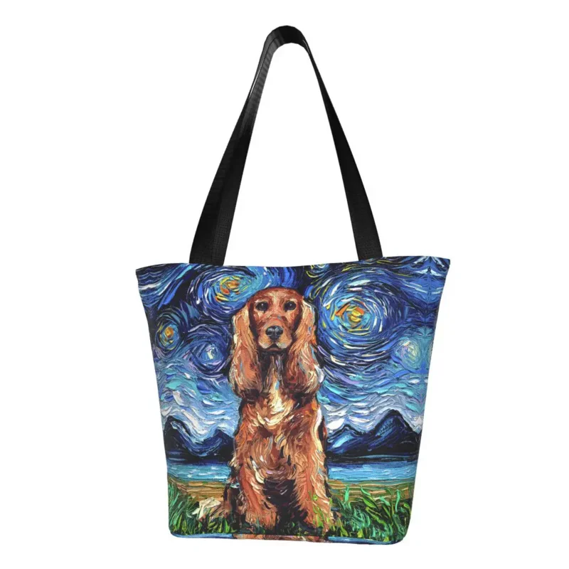 

Print Red Cocker Spaniel Starry Night Shopping Tote Bags Washable Canvas Shoulder Shopper Pet Dog Lover Handbag