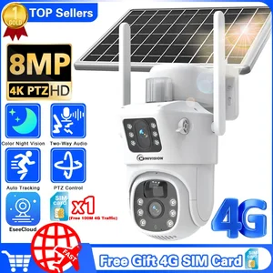 4K 8MP 4G Sim Card Battery Camera PIR Motion Cam Auto Tracking 2-Way Audio Outdoor Security Cameras with Solar Panel Free SIM Ca