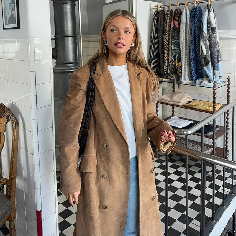 Fashion Lapel Suede Long Jacket Women Elegant Oversized Double-breasted Trench Overcoat Autumn Lady Commute Outerwear New