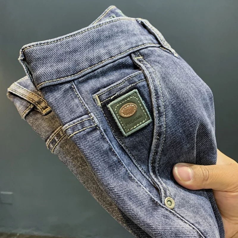 2024 new quality jeans men's high-end trendy slim-fitting small straight fashion embroidery stretch Korean style long pants