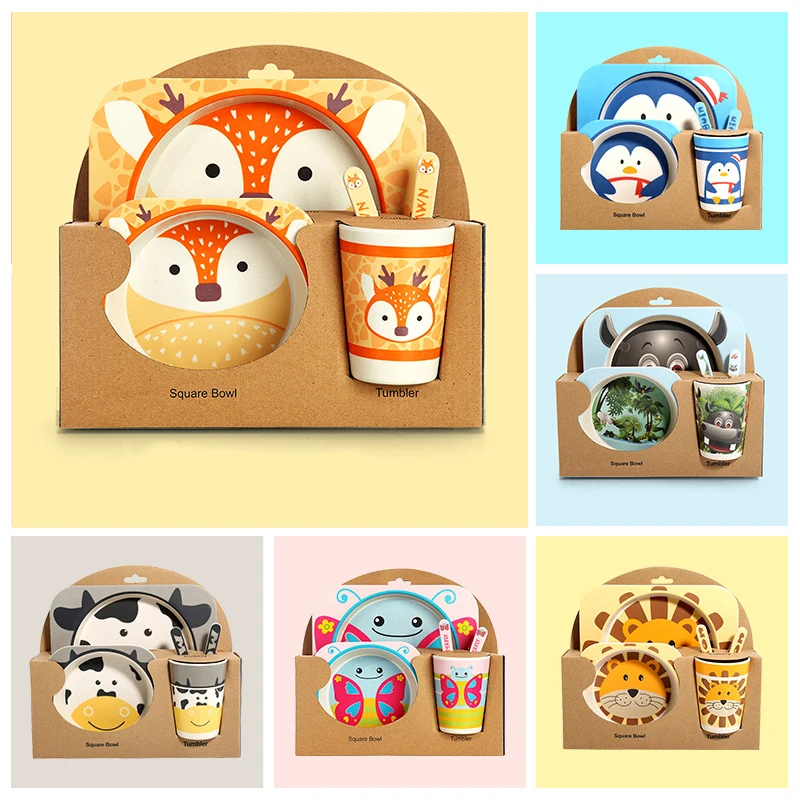 

5pcs baby natural bamboo tableware bamboo bowl baby feeding tableware children cute cartoon new year gift bowl set