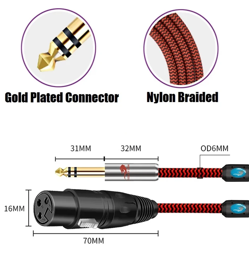 1/4'' TRS Stereo 6,35 mm Klinke auf 3-polige XLR-Buchse, abgeschirmtes Audiokabel für Mixer, Konsole, Verstärker, Lautsprecher, Studio, symmetrische Kabel – Detail 9