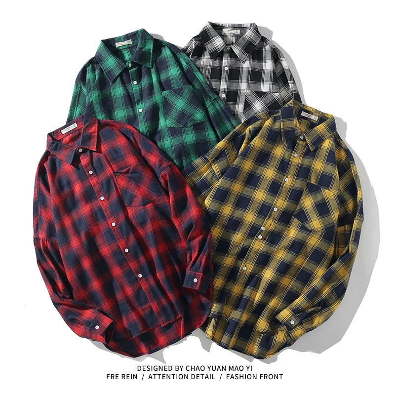 

2023 Men Casual Plaid Flannel Shirt Autumn Male Long-Sleeved Loose Chest Pocket Design Fashion Button Classic Clothes Coats Tops