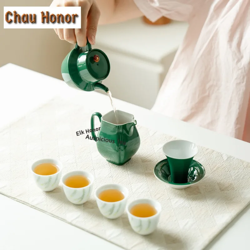 Emerald Green Ceramic Tea Set Complete Set Elegant Tea Ceremony Set Household Teapot and Tea Cup Set Teaset Accessories Gift