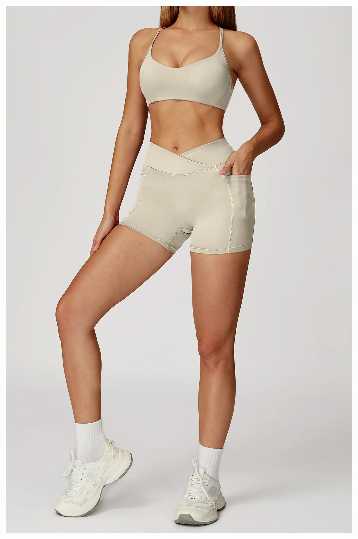 Legging Court Sport Femme Taille Haute avec Poches