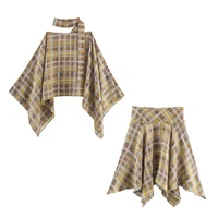 Chic Fashion Plaid Midi Skirts Two Piece Sets For Women 2025 New Scarf Collar Cape Tops Women's Suits Elegant Woman Outfits ﻿