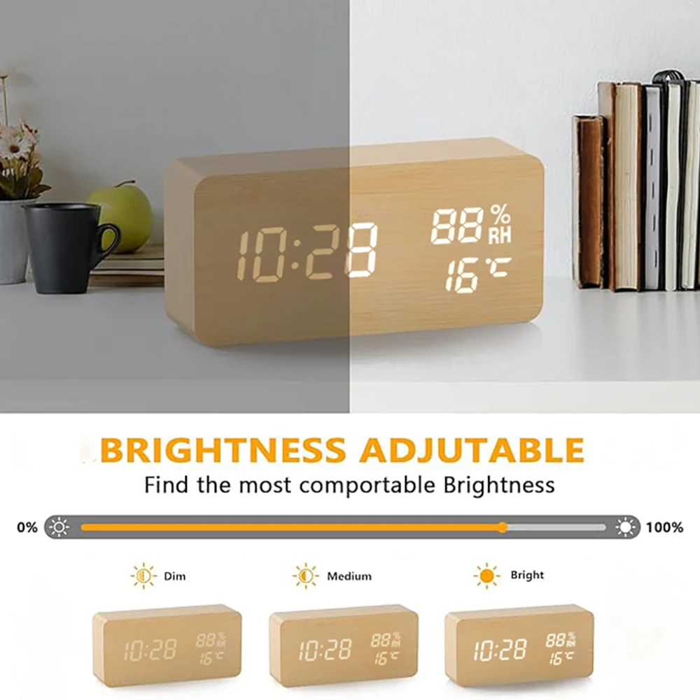 Wooden digital alarm clock with temperature humidity LED for office bedroom bedside decor gift