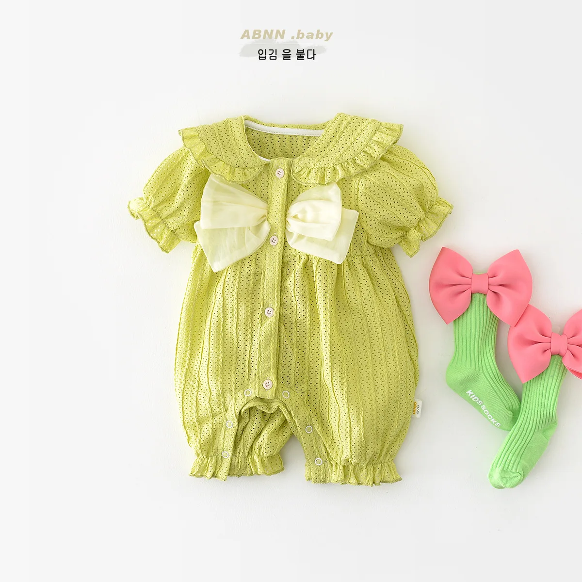 Jenny&Dave Baby Bodysuit Girl Bow Little Fresh 2023 Summer Outgoing Short Sleeve Creeper Nordic Princess Girl