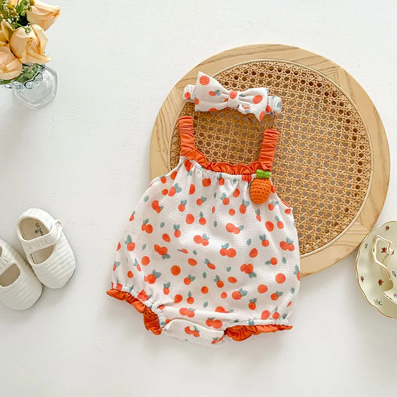 

MILANCEL 2023 Summer Baby Bodysuits Waffle Infant Girls Clothes Fruit Print Toddler One Piece With Headband