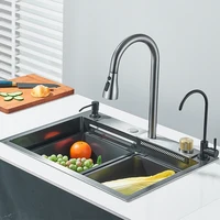 304 Stainless Steel Kitchen Waterfall Large Single Sink Dish Basin Sink With Multifunction Faucet And Pure FaucetCup Disher 2