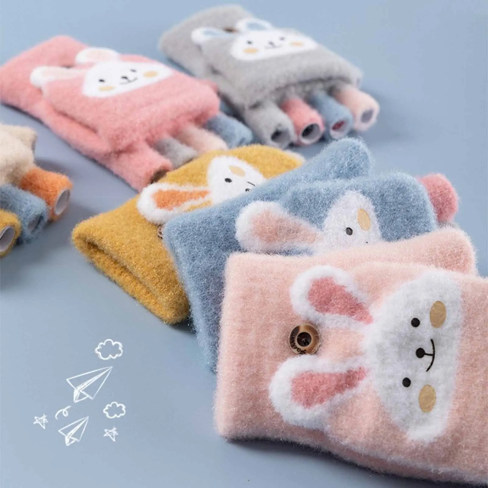 Children Five Finger Gloves Winter Boy Thickened Half Finger Mittens Girl Kid Knitted Mitten Winter New Cartoon Warm Flip Gloves winter gloves baby mittens