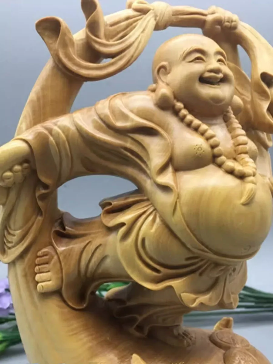 Wooden Mi Lefo Smiling Buddha Figure Statue, Creative Solid Wood Hand Carving, Cute Home Decoration, Fortune Ornaments Gift