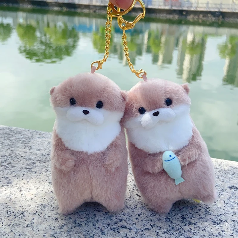 Plush Keychain Cute Otters Holding Fish Plush Keyrings Lightweight Hanging Pendant Props School Bag Key Wallet