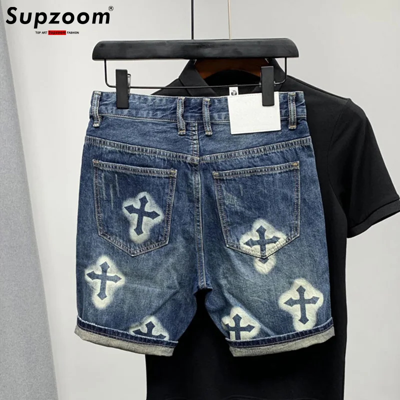 Supzoom 남성용 지퍼 플라이 스톤 워싱 캐주얼 카고 패치워크 코튼 데님 포켓 청바지 반바지, 여름 패션, 신상, 핫 세일