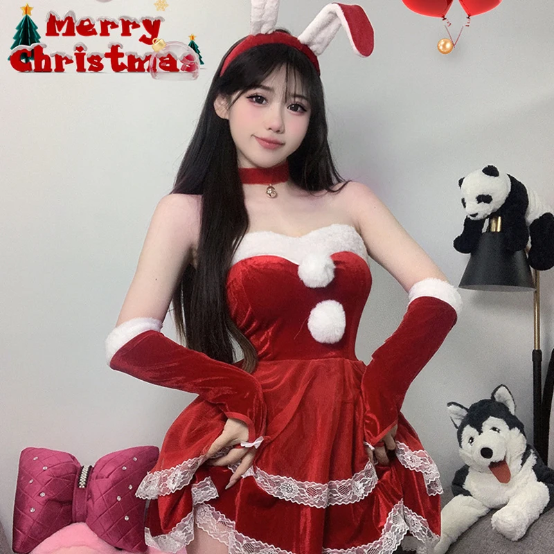 Sexy Women Christmas Xmas Set Red Dress Choker Hairband Stocking Santa Claus Cosplay Costumes Party Dress Up