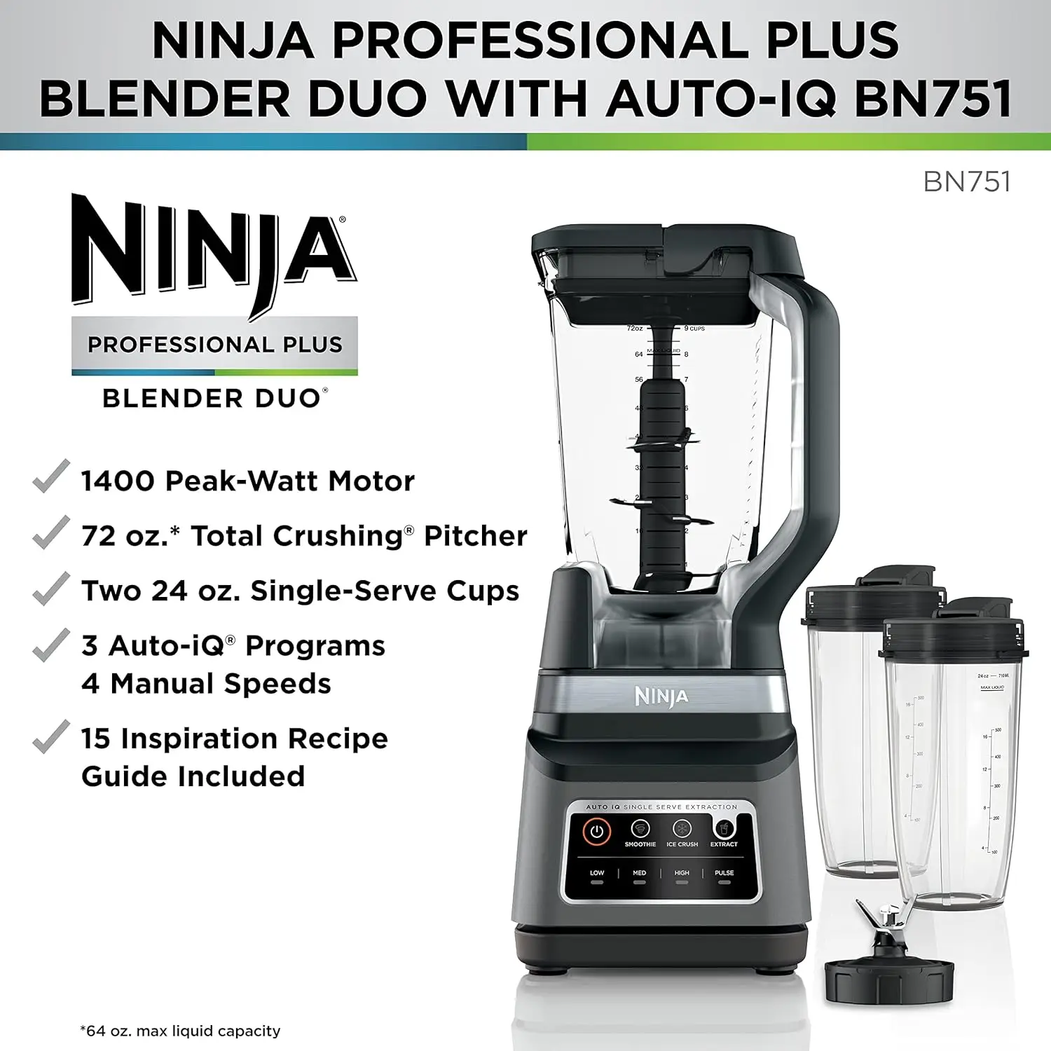 Professional Plus DUO Blender, 1400 Peak Watts, 3 Auto-IQ Programs for Smoothies, Frozen Drinks & Nutrient Extractions, 72-oz.