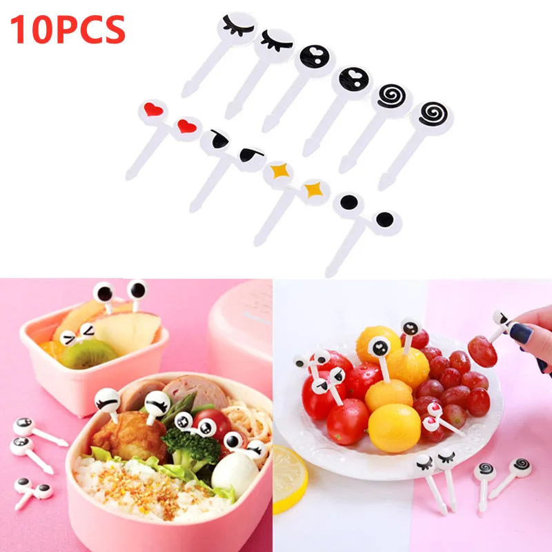 10PCS/ Lot Cute Plastic Fruit Toothpick Lovely Eye Cartoon Forks Bento Decorative Tableware Food