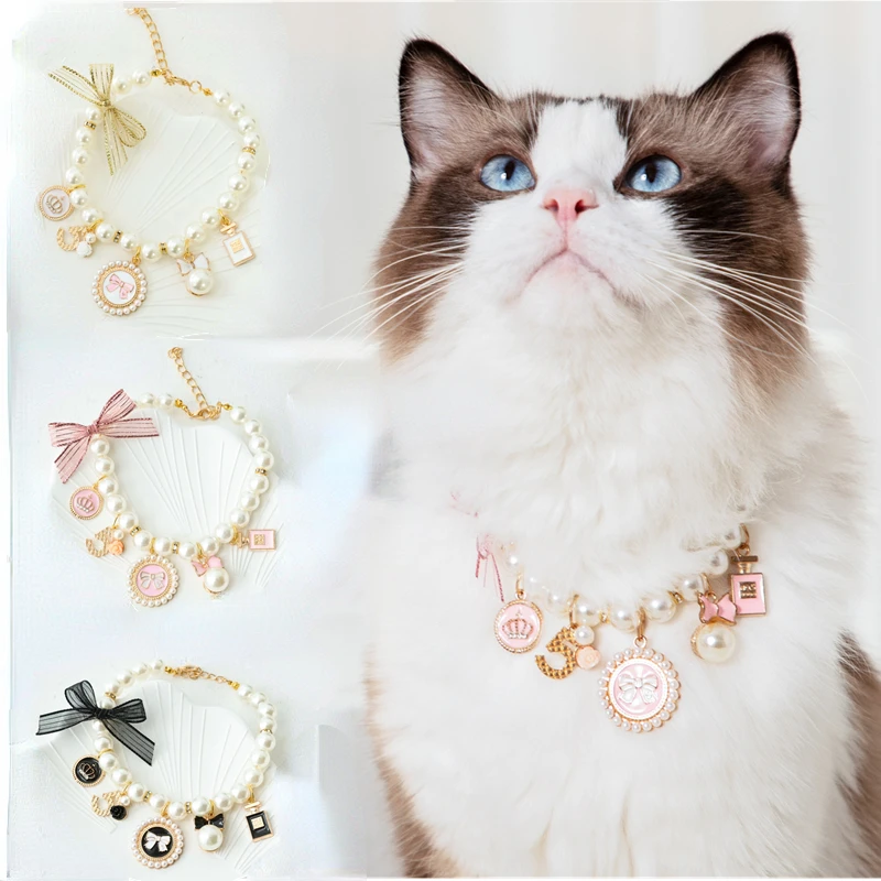 

Exquisite Pet Cat Pearl Collar with Pendant Small Cat Dog Necklace Rhinestone Collar Puppy Kitten Collar Pet Supplies