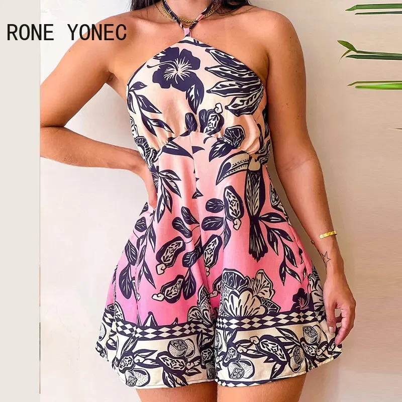 

Women Chic All Over Print Halter Lace Up Sleeveless Summer Sweet Rompers