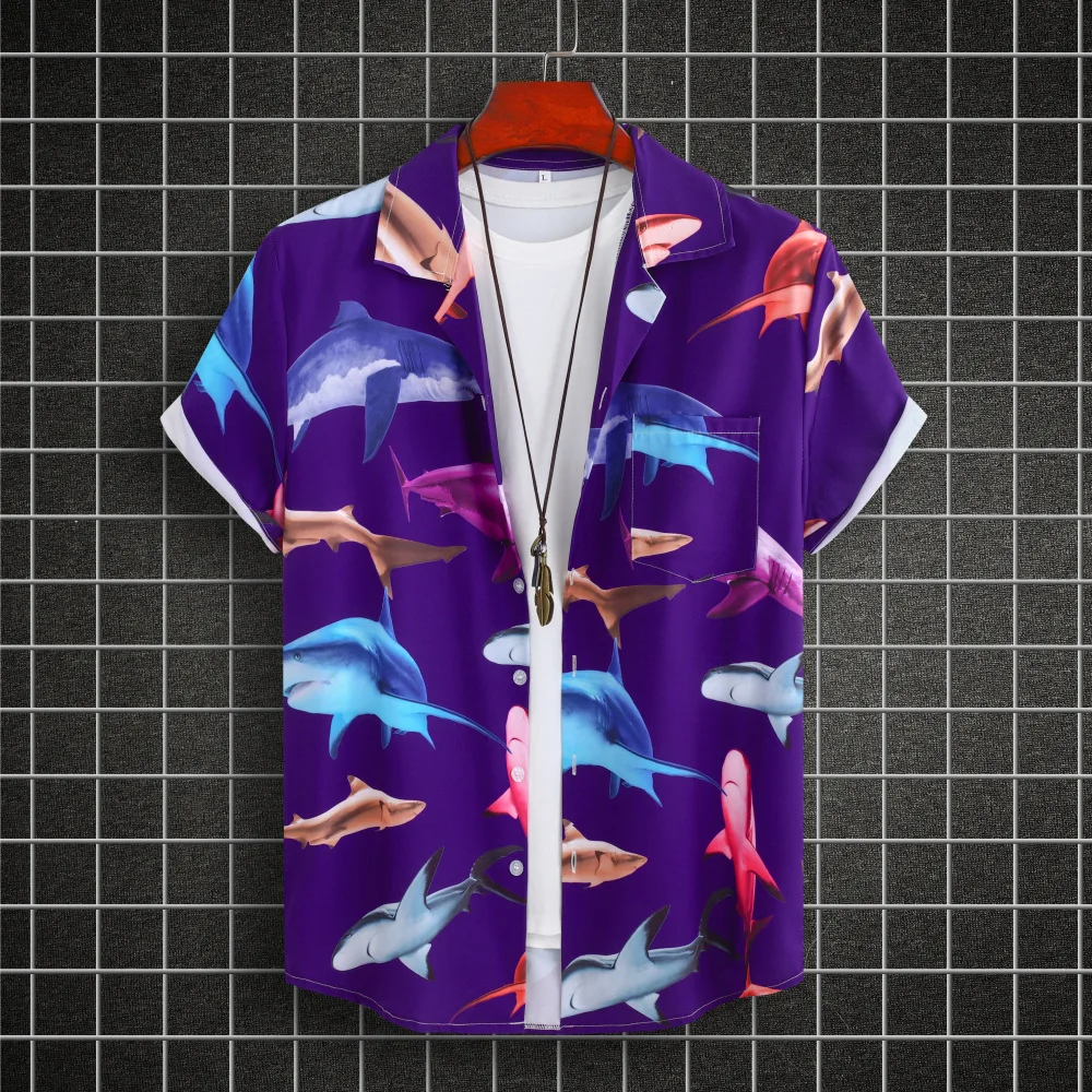 

2023 Hawaiian Shirt Men Fashion Flower Geometric Printed Blouse Beach Single-breasted Short SleeveTops Holiday Men's Clothing