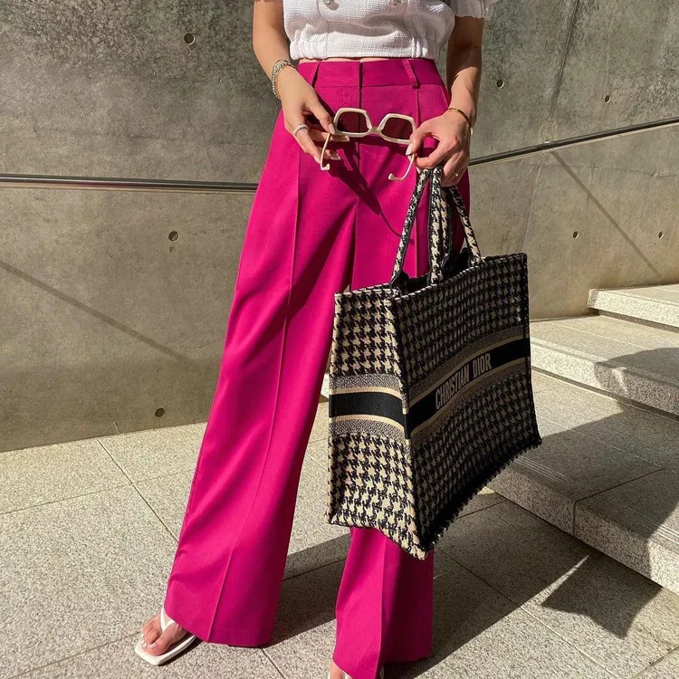 

2022 Fashion Women Pants Pink High Waist Wide Leg Pants for Women Floor Length Female’s Pants Unique New Lady Clothing Bottom