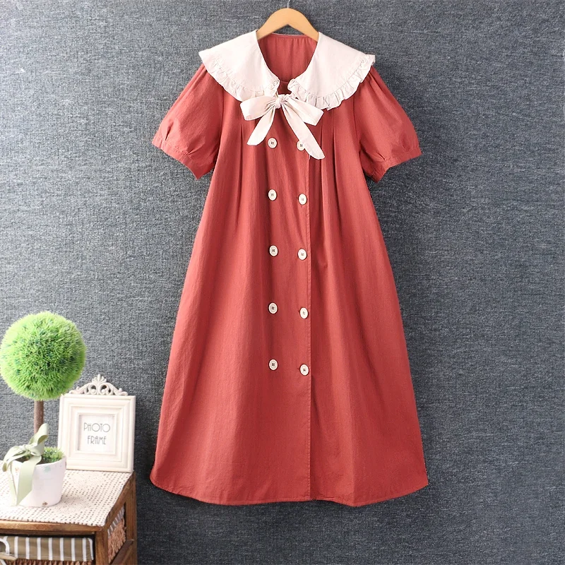 

Summer Mori Girl Sweet Kawaii Bow Peter Pan Collar Cotton Linen Dress Women Short Sleeve Double-breasted Casual Loose Dresses