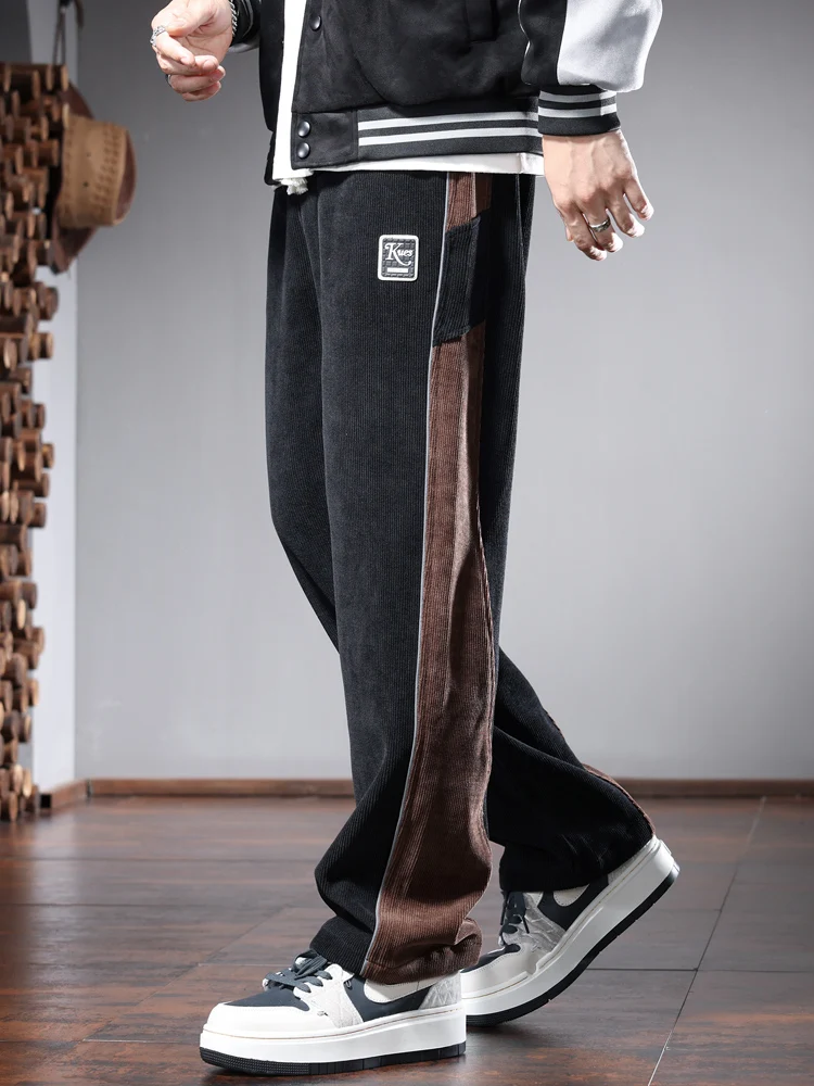 Baggy Straight Corduroy Pants Men Autumn Fashion Side Stripe Black Elastic Waist Drawstring Jogging Trousers