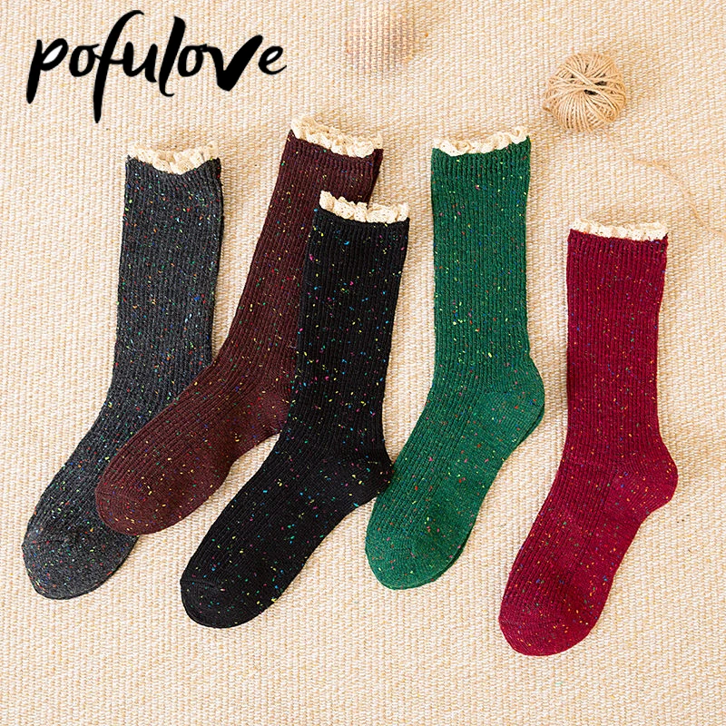 

Socks for Women Colored Dot Yarn Vertical Bar Pile Socks for Women Lace Stockings Autumn and Winter