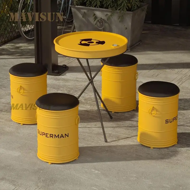 Creative Wrought Iron Oil Drum Deck Milk Tea Shop Table And Chair Combination Outdoor Stool Personality Balcony Industrial Style