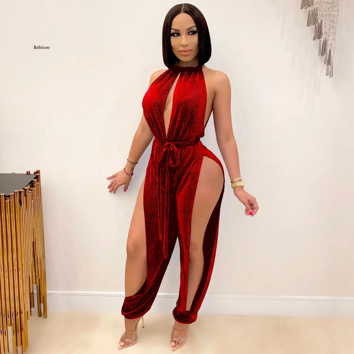 

High Slit Open Leg Jumpsuit Sexy Rompers Women Sleeveless Hollow Out Corduroy Belted Jumpsuits Club Overalls