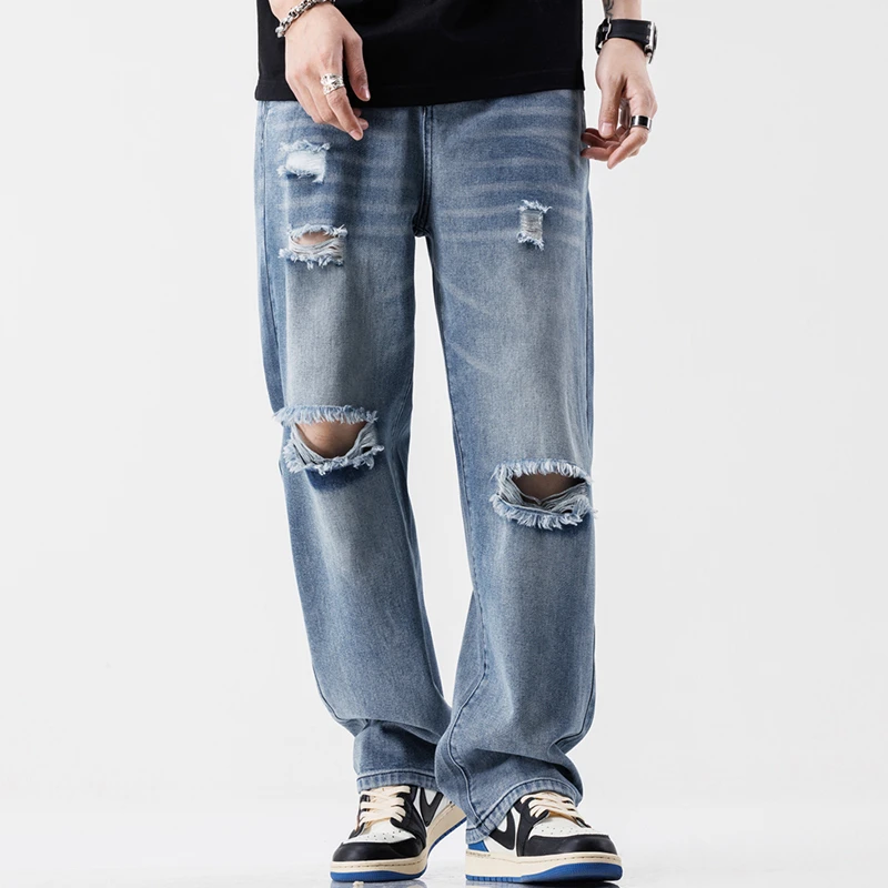 Men Fashion Vintage Jeans Streetwear Ripped Loose Hip Hop Hole Trousers Casual Straight Wide Denim Pants