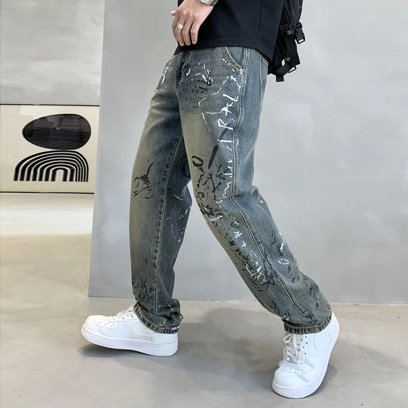 High Street New Trendy Brand Washed Old Personalized Graffiti Print Fashion Loose Straight Leg Men's Denim Wide Leg Pants