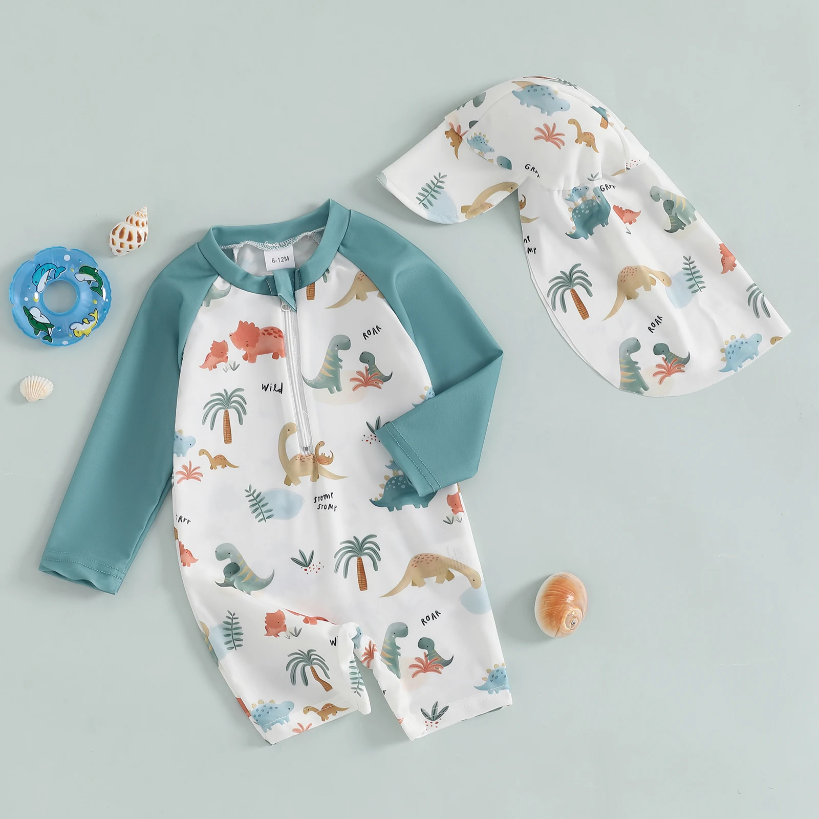 Toddler Baby Boys Swimsuit with Swim Cap Infant Rash Guard Summer Dinosaur/Shark Print Long Sleeve Zip Bathing Suit Beachwear kids swimsuits